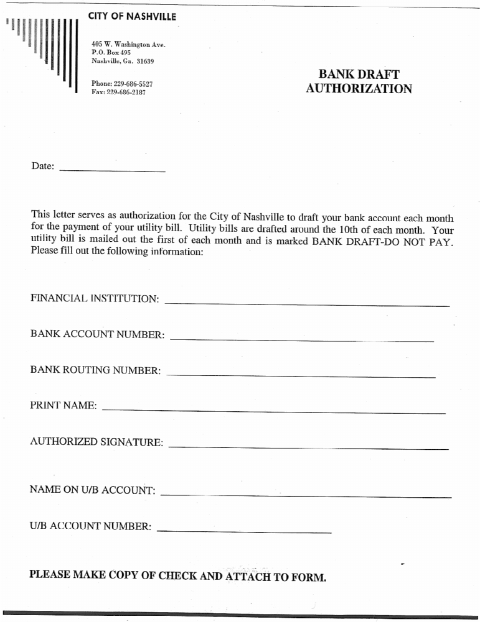 First page of the Bank Draft Authorization Form