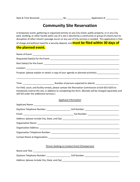 First page of the Community Site Reservation Form