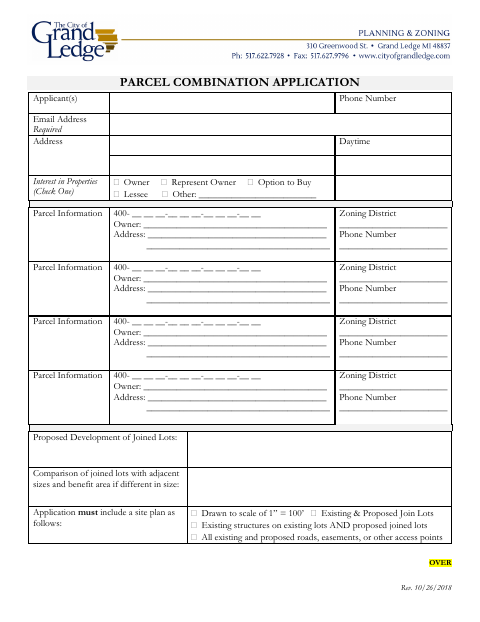 First page of the Parcel Combination Application