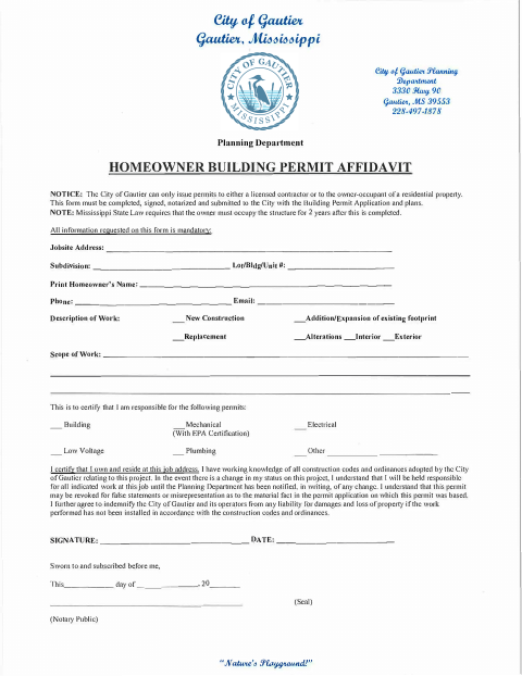 First page of the Homeowner Building Permit Affidavit