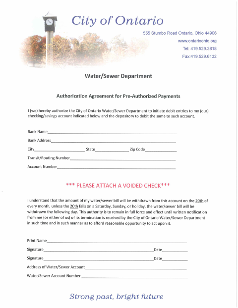 First page of the Water/Sewer Pre-Authorized Payment Agreement
