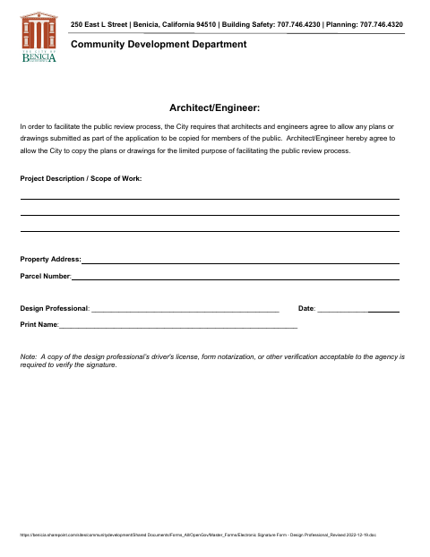First page of the Design Professional Signature Form