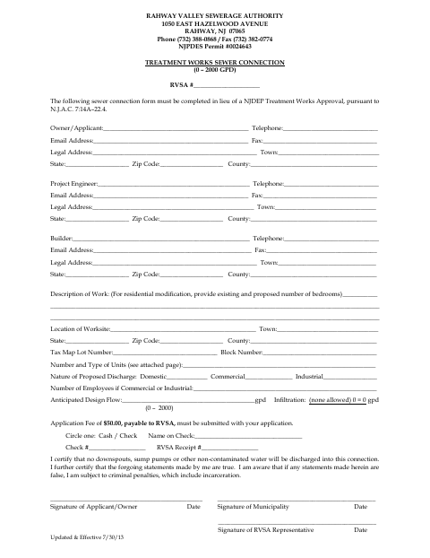 First page of the Treatment Works Sewer Connection (0 Through 2000 GPD)