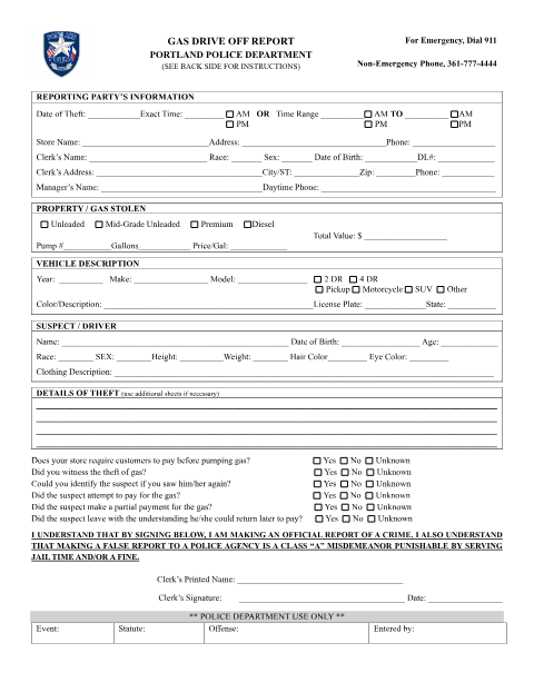 First page of the Gasoline Drive Off Theft Report