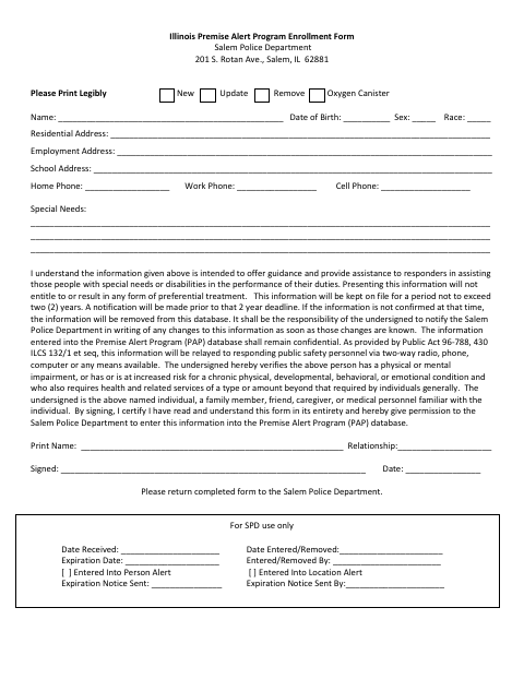 First page of the Premise Alert Program Enrollment Form