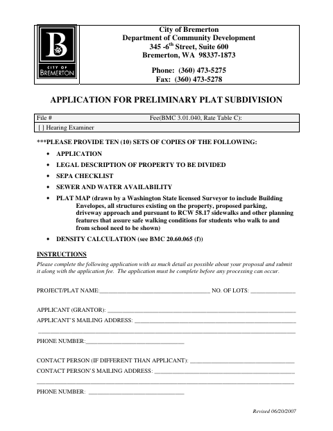 First page of the Application for Preliminary Plat Subdivision