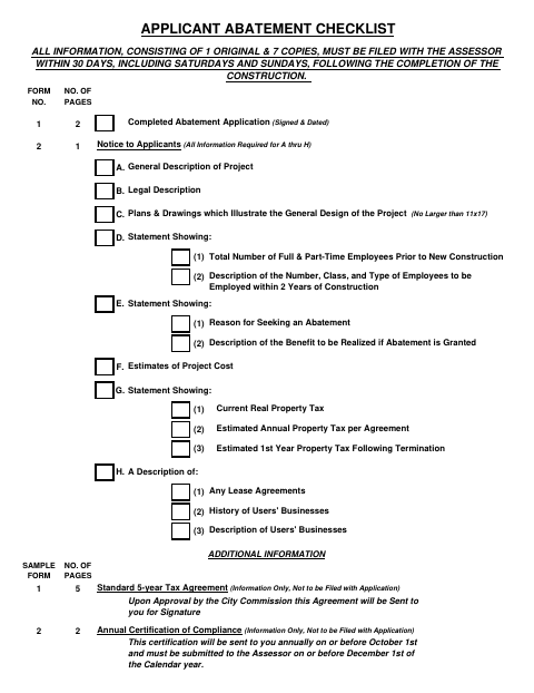 First page of the Applicant Abatement Checklist