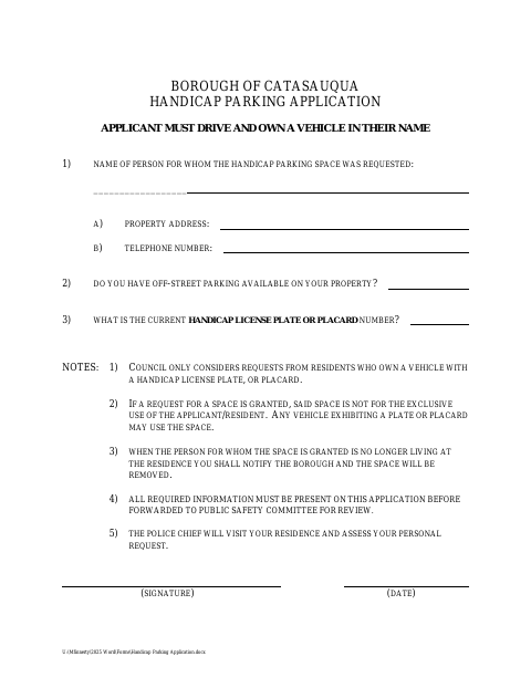 First page of the Handicap Parking Application