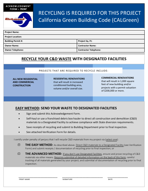 First page of the Construction and Demolition Waste Recycling Acknowledgment Form