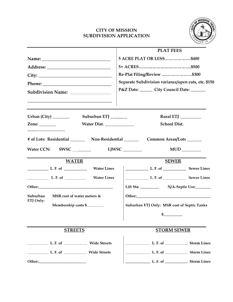 First page of the Subdivision Application