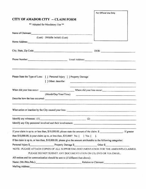 First page of the Claim Form
