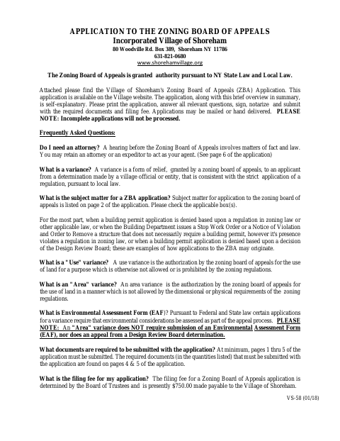 First page of the Zoning Board of Appeals Application