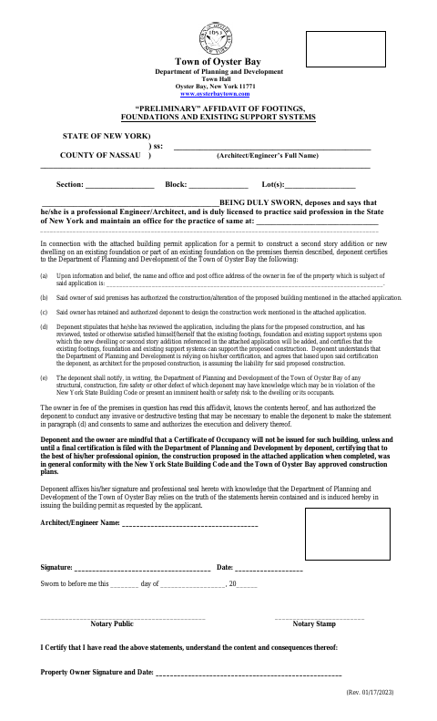 First page of the Preliminary Affidavit of Footings, Foundations and Existing Support Systems
