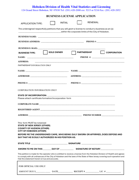 First page of the Business License Application