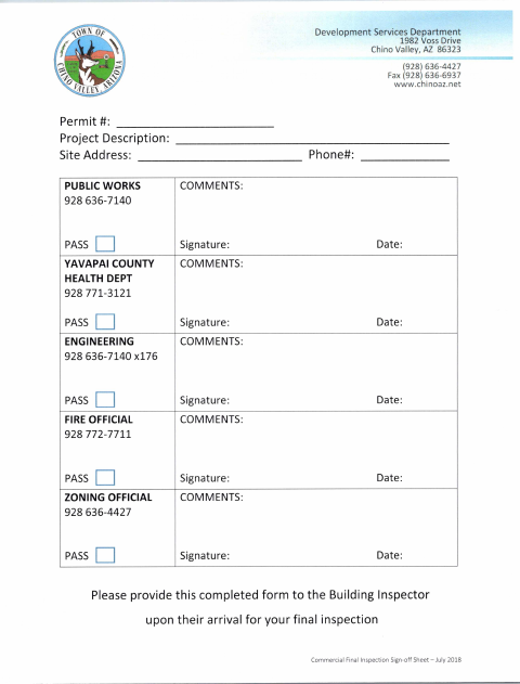 First page of the Commercial Final Inspection Sign-Off Sheet