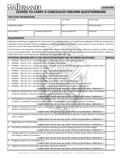 First page of the License to Carry a Concealed Firearm Questionnaire