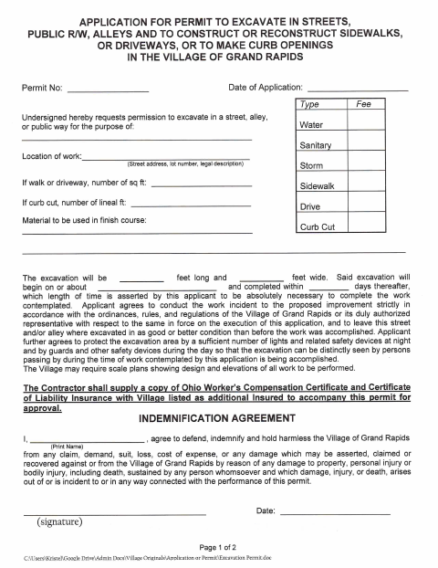 First page of the Permit to Excavate in Streets and Public Ways