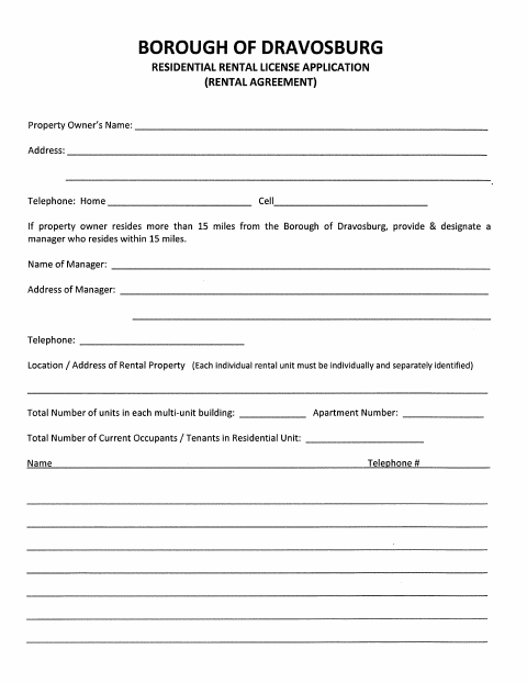 First page of the Residential Rental License Application