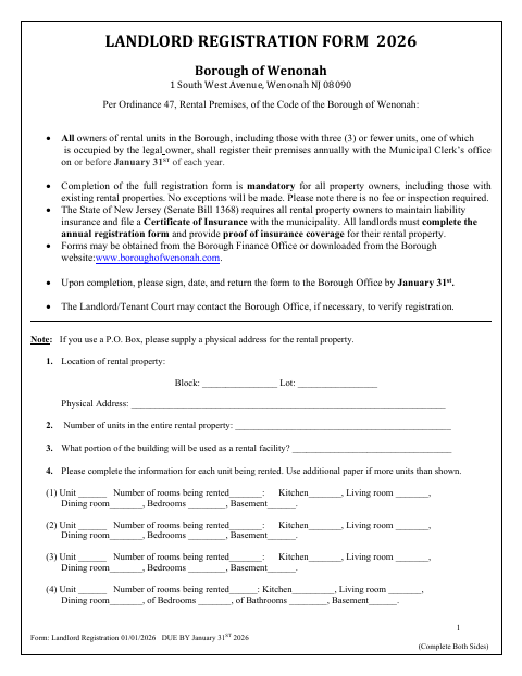 First page of the Landlord Registration Form 2026