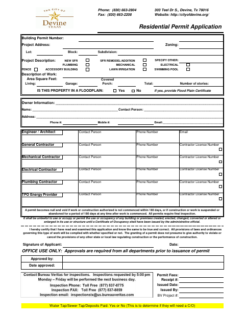 First page of the Residential Permit Application