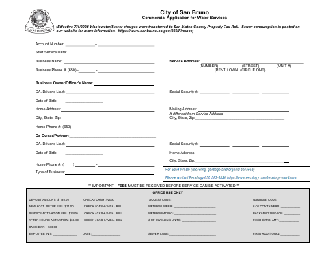 First page of the Commercial Application for Water Services
